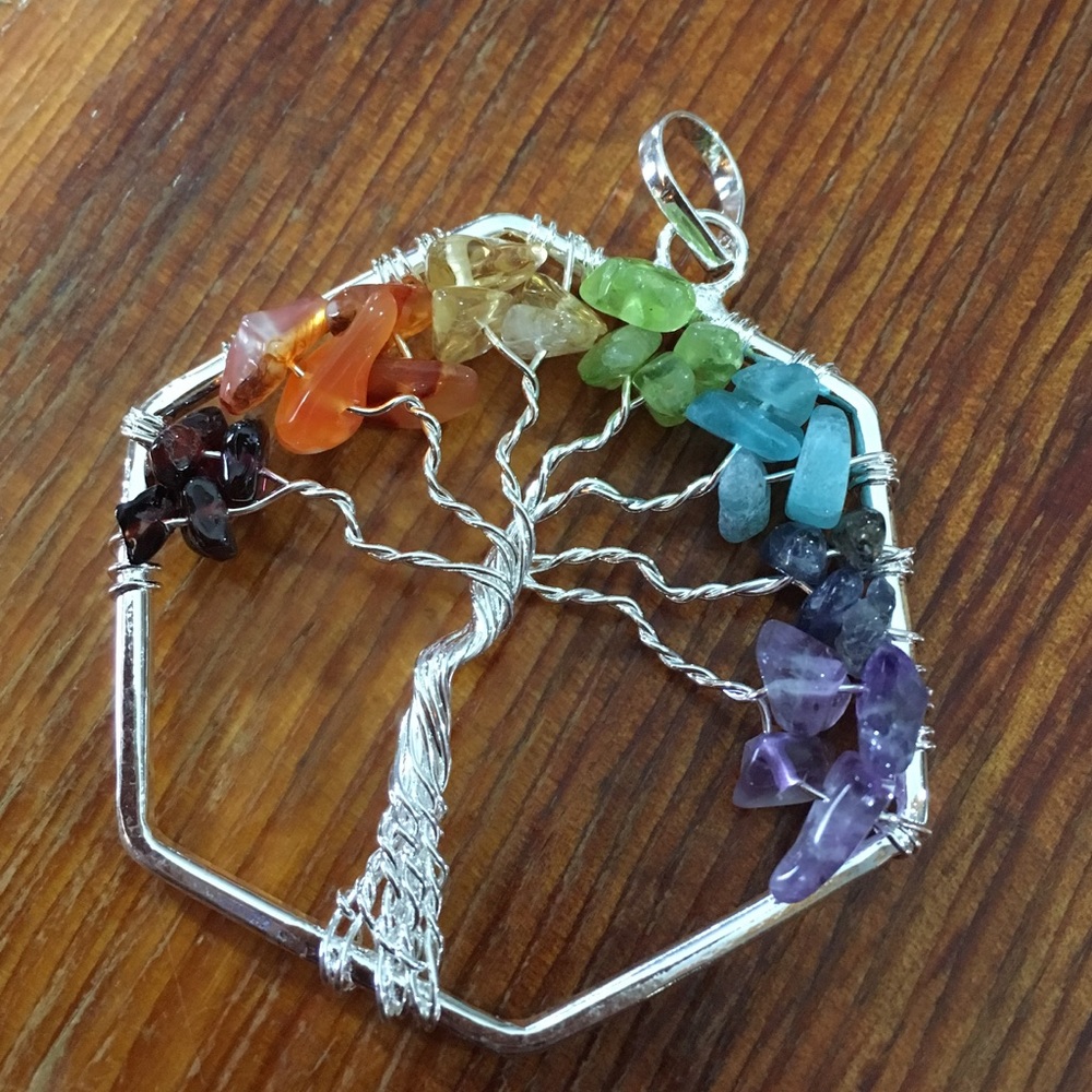 Hexagon Tree of Life 7 Stone Chakra Pendant